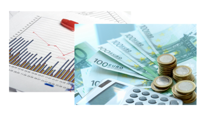  A calculator, coins and bills in the foreground and a combination chart in the background