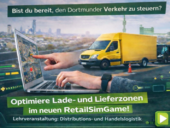 Ein Werbebild auf dem eine Hand auf einen Laptop zeigt und Lieferfahrzeuge vor einer Skyline fahren.