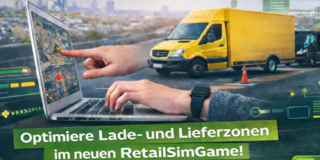 Ein Werbebild auf dem eine Hand auf einen Laptop zeigt und Lieferfahrzeuge vor einer Skyline fahren.
