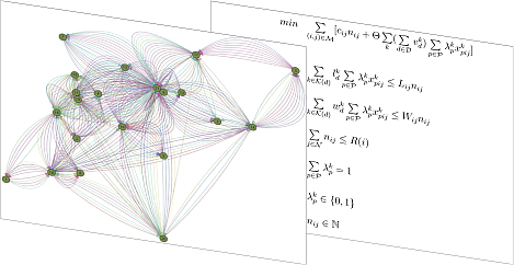 Darstellung eines abstrakten Netzes im Vordergrund und mathematische Modell im Hintergrund